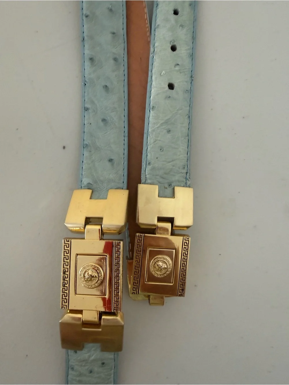 El General Belt Company Blue Genuine Ostrich Leather Gold Medusa Hardware Belt